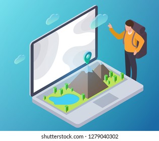 3d isometric laptop with natural landscape and tourist. Design concept for mobile gps or tracking navigation application. Vector infographic template.