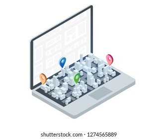 3d isometric laptop with smart city map. Design concept for mobile gps or tracking navigation application. Vector infographic template.