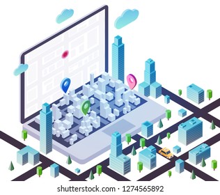 3d isometric laptop with smart city map. Design concept for mobile gps or tracking navigation application. Vector infographic template.