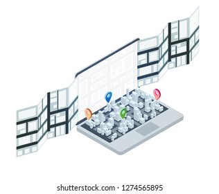 3d isometric laptop with smart city map. Design concept for mobile gps or tracking navigation application. Vector infographic template.
