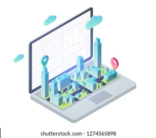 3d isometric laptop with smart city map. Design concept for mobile gps or tracking navigation application. Vector infographic template.