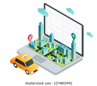 3d isometric laptop with smart city map and taxi car. Design concept for mobile gps or tracking navigation application. Vector infographic template.