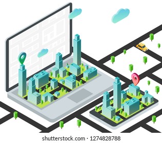3d isometric laptop and smartphone with smart city map. Design concept for mobile gps or tracking navigation application. Vector infographic template.