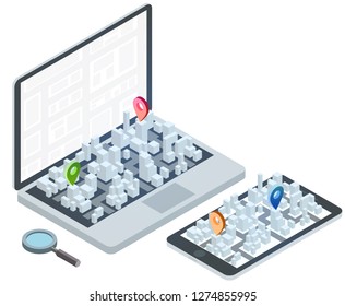 3d isometric laptop and smartphone with smart city map. Design concept for mobile gps or tracking navigation application. Vector infographic template.