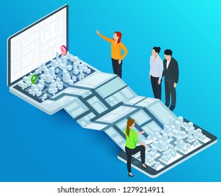 3d isometric laptop and smartphone with smart city map. Design concept for mobile gps or tracking navigation application. Vector infographic template.
