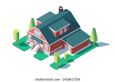 3d isometric large residential building with green tree, lawn and garage. Concept isolated expensive double decker house with tree and relax zone. Low poly. Vector illustration.