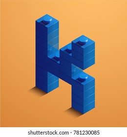 3d isometric letter K of the alphabet from lego bricks. 3d isometric plastic letter from the ego blocks 