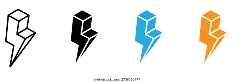 3D Isometric Lightning Bolt Icon Set with Flash Thunder and Electric Power Symbols for Energy Innovation and Tech Logo Design