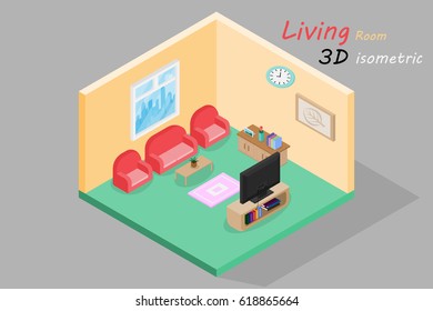 3D isometric living room. modern style flat and cute design.vector and illustration 