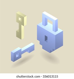 3d isometric lock and key pixel art vector illustration