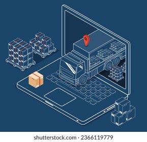 3D isometric Logistic concept with Delivery express by truck on computer laptop screen with GPS, Delivery service online. Vector illustration EPS 10