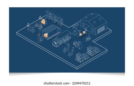 3D isometrisches Logistikkonzept mit Arbeitern, die Produkte auf den Lastwagen laden, Lagergebäude Lager Logistik, Transportbetrieb Service, Logistikmanagement. Vektorgrafik EPS10