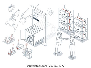 3D isometric logistics concept depicting truck delivery services, smart warehouse technologies with AGV robots, automated inventory systems, and business agreement symbolized by people shaking hands.