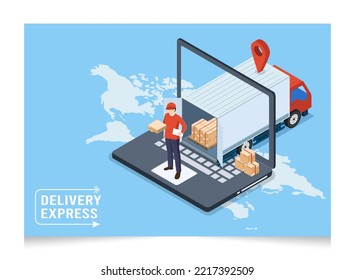 3D isometric Logistics and Delivery concept with Delivery Man deliveries Packages send around the world. Vector illustration eps10