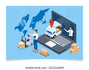 3D isometric Logistics and Delivery services concept with People transport product boxes from suppliers to buyers and Warehouse, truck, forklift. Vector illustration eps10