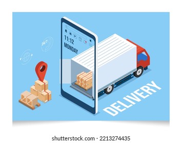 3D isometric Logistics and Delivery services concept with Truck transport product boxes from suppliers to buyers. Vector illustration eps10