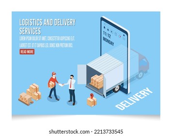 3D concepto de servicios de logística y entrega isométrica con cajas de productos de transporte de camiones de proveedores a compradores. Ilustración vectorial eps10