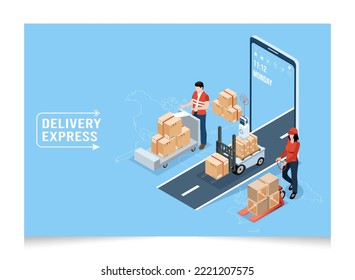 3D isometric Logistics and Delivery services concept with People transport product boxes from suppliers to buyers and Warehouse, truck, forklift. Vector illustration eps10
