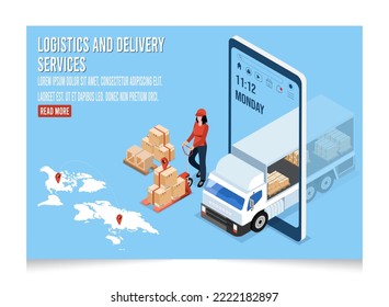 3D isometric Logistics and Delivery services concept with People transport product boxes from suppliers to buyers and Warehouse, truck, forklift. Vector illustration eps10