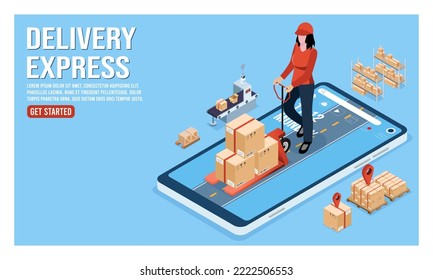 3D concepto de servicios de logística y entrega isométrica con el transporte de personas de cajas de productos de proveedores a compradores y almacén, camión, carretilla elevadora. Ilustración vectorial eps10