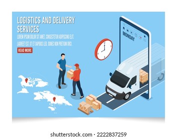 3D isometric Logistics and Delivery services concept with People delivering a box to a customer at home or office. Vector illustration eps10