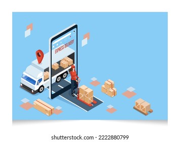 3D isometric Logistics and Delivery services concept with People delivering a box to a customer at home or office. Vector illustration eps10