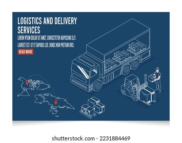 3D isometric Logistics and Delivery services concept with People delivering a box to a customer at home and office, online order tracking, truck. Line with editable stroke. Vector Illustration eps10