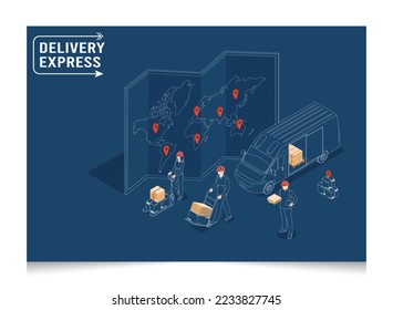 3D isometric Logistics and Delivery services concept with People delivering a box to a customer at home and office, online order tracking, truck. Line with editable stroke. Vector Illustration eps10