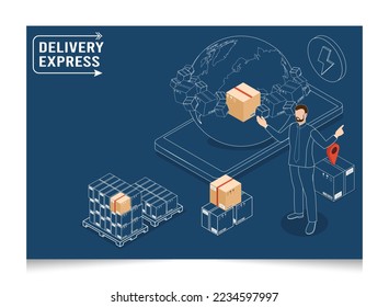 3D isometric Logistics and Delivery services concept with People delivering a box to a customer at home or office. Smart Logistics Business, Export and Import. Vector illustration eps10