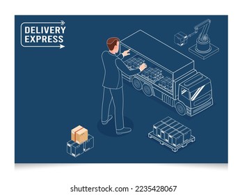 3D concepto de servicios de logística y entrega isométrica con cajas de productos de transporte de camiones de proveedores a compradores. Ilustración vectorial eps10