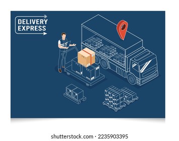 3D isometric Logistics and Delivery services concept with Truck transport product boxes from suppliers to buyers. Vector illustration eps10