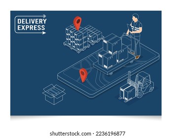 3D isometric Logistics and Delivery services concept with People delivering a box to a customer at home or office. Smart Logistics Business, Export and Import. Vector illustration eps10