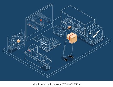 3D isometric Logistics and Delivery services concept with People delivering a box to a customer at home or office. Smart Logistics Business, Export and Import. Vector illustration eps10