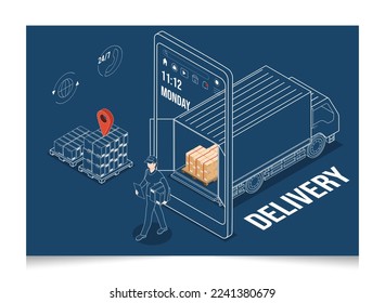 3D concepto de servicios de logística y entrega isométrica con cajas de productos de transporte de camiones de proveedores a compradores. Ilustración vectorial eps10