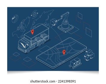 3D isometric Logistics and Delivery services concept with Truck transport product boxes from suppliers to buyers. Vector illustration eps10