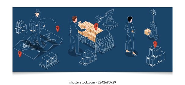 3D concepto de servicios de logística y entrega isométrica con personas entregando una caja a un cliente en su casa o oficina. Negocios, exportación e importación de logística inteligente. Ilustración vectorial eps10