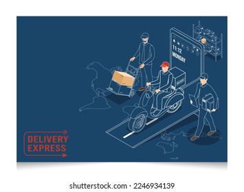 3D isometric Logistics and Delivery services concept with People delivering a box to a customer at home or office. Smart Logistics Business, Export and Import. Vector illustration eps10