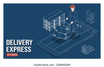 3D concepto de servicios de logística y entrega isométrica con personas entregando una caja a un cliente en su casa o oficina. Negocios, exportación e importación de logística inteligente. Ilustración vectorial eps10