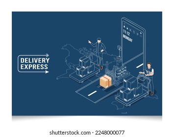 3D isometric Logistics and Delivery services concept with People delivering a box to a customer at home or office. Smart Logistics Business, Export and Import. Vector illustration eps10