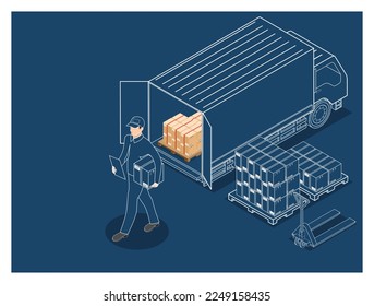 3D isometrisches Logistik- und Lieferservice-Konzept mit Personen Charaktere, die Lieferpakete per LKW versenden. Online- und Kurierdienst zu Hause und Kopienraum. Vektorgrafik eps10