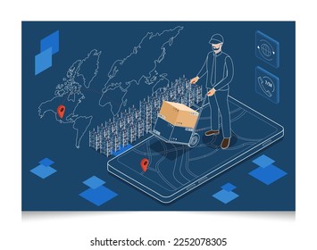 3D isometric Logistics and Delivery services concept with People delivering a box to a customer at home or office. Smart Logistics Business, Export and Import. Vector illustration eps10