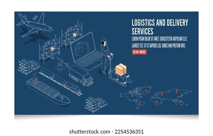 3D isometric Logistics and Delivery services concept with People delivering a box to a customer at home or office. Smart Logistics Business, Export and Import. Vector illustration eps10