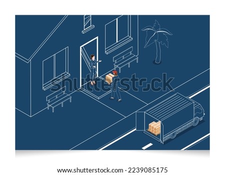 3D isometric Logistics and Delivery services concept with People delivering a box to a customer at home or office. Smart Logistics Business, Export and Import. Vector illustration eps10