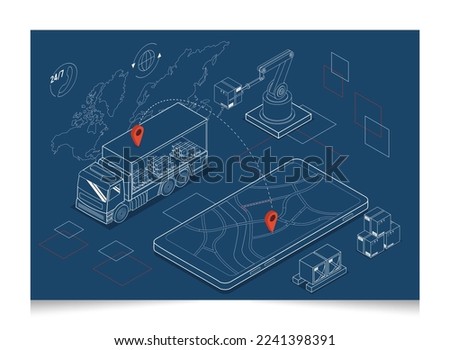 3D isometric Logistics and Delivery services concept with Truck transport product boxes from suppliers to buyers. Vector illustration eps10