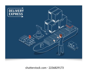 3D Concepto de transporte marítimo de mercancías con carga de contenedores, transporte marítimo de mercancías, compañía de transporte marítimo, proceso de envío de productos. Ilustración vectorial eps10