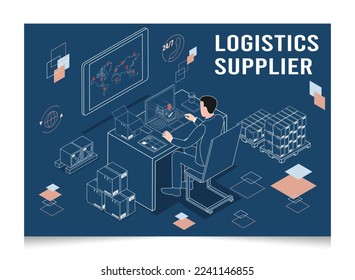 3D isometrisches Logistik-Lieferkonzept mit Geschäftsmann, der an einem Tisch mit einem Produkt in einer Paketbox arbeitet. Vektorgrafik eps10