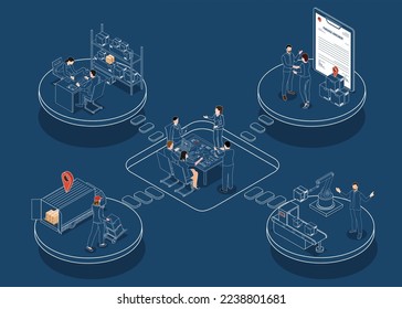 3D isometric Logistics Supply Chain Management concept with description of Fleet management, Warehousing, Materials handling, Inventory and Demand planning. Vector illustration eps10