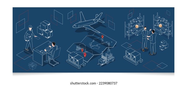 3D concepto de Gestión de la Cadena de Suministro Logístico isométrico con descripción de la gestión de la flota, almacenamiento, manejo de materiales, inventario y planificación de la demanda. Ilustración vectorial eps10