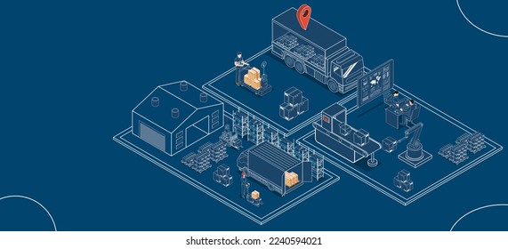 3D isometrisches Logistik Supply Chain Management Konzept mit Beschreibung von Flottenmanagement, Lager, Materialhandhabung, Inventarisierung und Nachfrageplanung. Vektorgrafik eps10