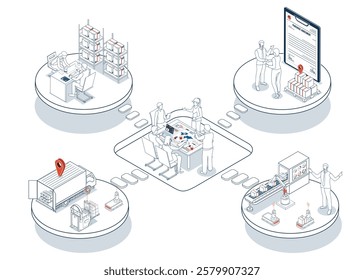 3D isometric Logistics Supply Chain Management concept with description of Fleet management, Warehousing, Materials handling, Inventory and Demand planning. Vector illustration eps10